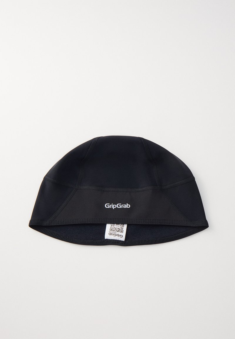 Schwarze Radmütze aus dehnbarem Stoff, mit nahtlosem Design und GripGrab-Logo auf der Vorderseite, sowie einem strukturierten Innenfutter.