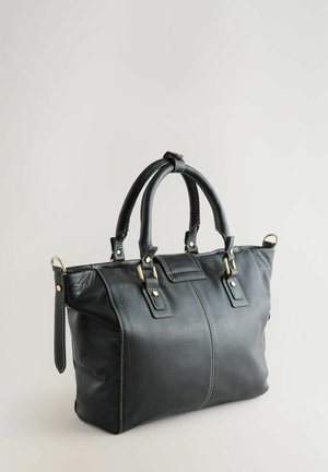 Borsa a tracolla nera in pelle con due manici superiori, hardware color oro, cuciture bianche a contrasto e una forma rettangolare strutturata.