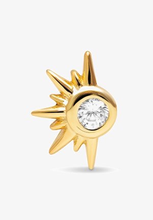 Goldene Sonnenblumen-Stift-Ohrstecker mit einem zentralen klaren Zirkonia. Stacheln strahlen vom kreisförmigen Zentrum aus und verleihen Dimension.