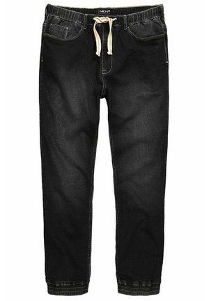 Schwarze Denim-Jogginghose mit einem Kordelzugbund, elastischen Bündchen und kontrastierenden Nähten. Verfügt über fünf Taschen und einen lässigen Schnitt.