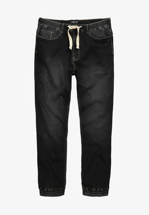 Black denim jogger pants with a drawstring waistband, elastic cuffs, and contrasting stitching. Features five pockets and a relaxed fit.
