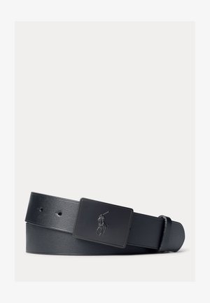 Black leather belt with a matte rectangular buckle featuring an embossed polo player logo, laid flat on a light background.