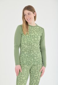 Langmouw sporttop en bijpassende legging in lichtgroen, met een herhalend matte patroon van letters in verschillende groottes.