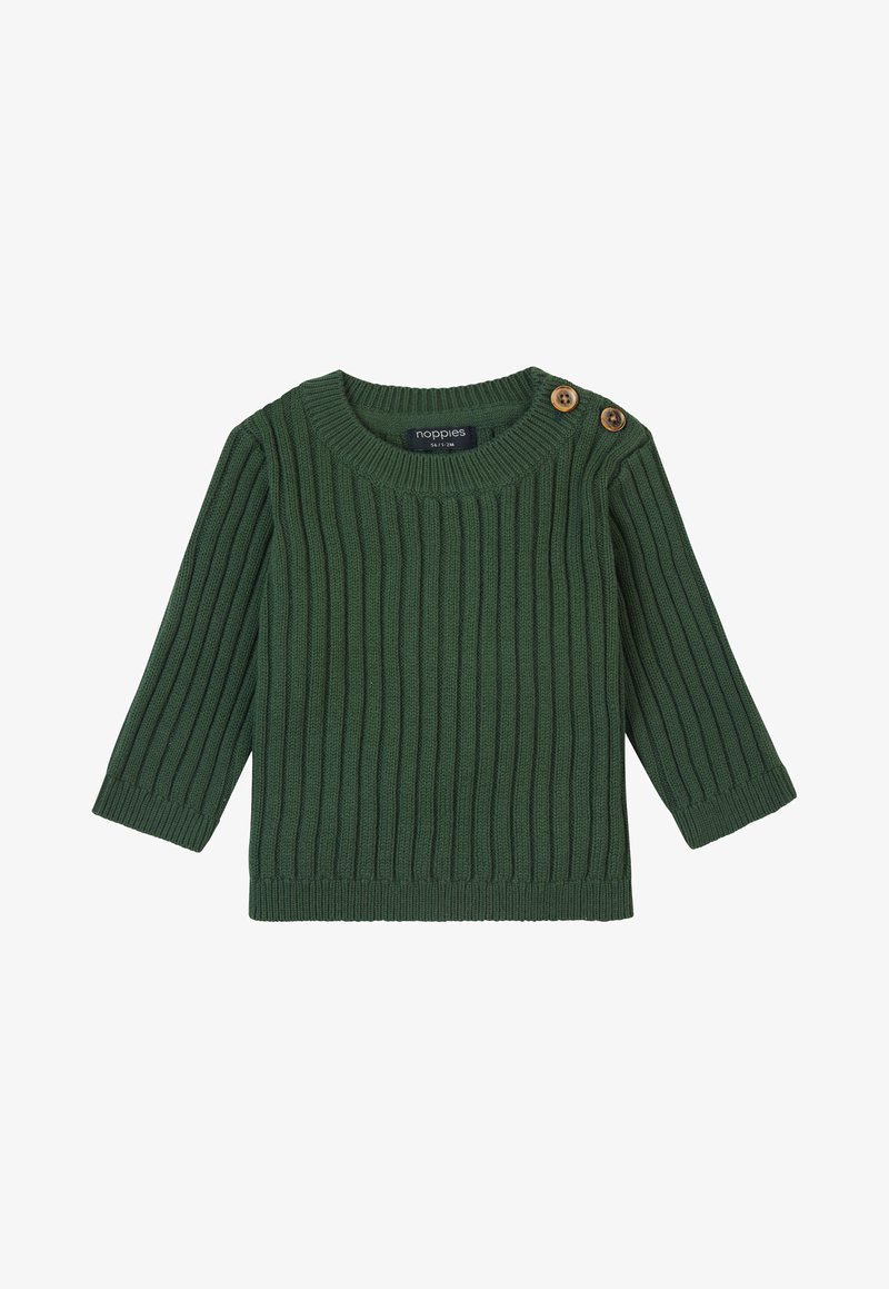 Grüner gerippter Strickpullover mit Rundhalsausschnitt und dreiviertellangen Ärmeln. Verfügt über zwei Holzknöpfe an der linken Schulter.