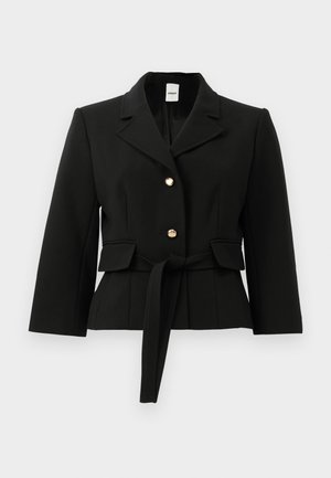Black tailored blazer with lapels, two gold buttons, flap pockets, and a matching fabric belt tied at the waist.