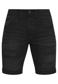 Shorts in denim nero con toppe strappate e orlo arrotolato. Presentano un design classico a cinque tasche e chiusura con bottone.