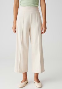 Brede benen broek in een zachte beige stof met een gladde textuur, voorzien van een hoge tailleband en voorste plooien voor extra detail.