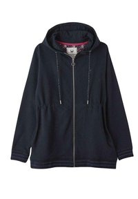 Sweat à zip bleu marine avec capuche à cordon, poches avant et ourlet texturé. Présente une doublure à motif floral et des coutures décoratives.