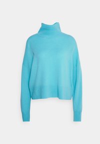 Pull à col roulé bleu clair, en matériau doux, présentant une coupe décontractée et des manches longues, avec des détails côtelés au niveau de l'ourlet et des poignets.