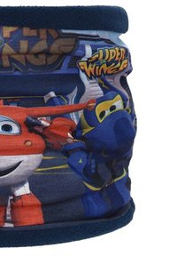 Scaldacollo in pile con personaggi colorati di "Super Wings", con parte superiore blu navy e design stampato a tema su un tessuto morbido.