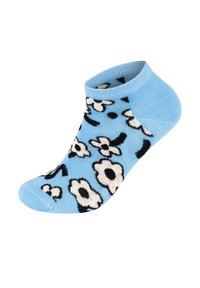 Lyseblå ankelstrømpe med sort og hvidt blomsterprint, blødt materiale og ribbede kanter for pasform og komfort.