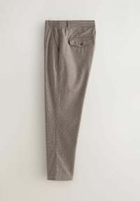 Grau karierte Hose mit geradem Schnitt, zwei Fronttaschen, einer Gesäßtasche mit Knopfverschluss und einem Reißverschluss.