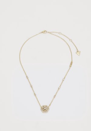 Zarte Goldketten-Halskette mit klaren Kristallen und einem zentralen, kunstvoll gestalteten Anhänger in Blumenform, ausgestattet mit einem verstellbaren Verschluss und einem Charm-Anhänger am Ende.