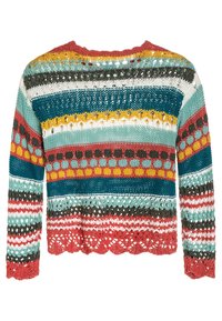 Kolorowy sweter z dzianiny z poziomymi paskami w kolorach morskim, czerwonym, żółtym i białym. Otwarta tekstura z falistym dołem i długimi rękawami.