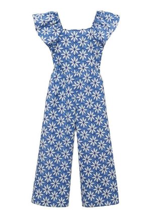 Blå jumpsuit med hvidt blomstermønster, flæset skulderstropper, firkantet halsudskæring og vidde ben. Lavet af letvægtsstof.