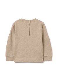 Felpa beige a maniche lunghe realizzata in morbido tessuto, con scollo rotondo e chiusura a bottone sulla parte posteriore e polsini a costine.