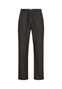 Black, lightweight pants with an elastic waistband and drawstring, featuring a straight-leg cut and smooth texture throughout.
