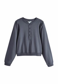 Donkergrijze pullover met lange mouwen, ronde hals en vierknops sluiting, geribbelde manchetten en zoom, minimalistisch ontwerp.