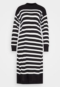 Svart och vitrandig långärmad klänning med hög hals; stickat tyg; rak passform; horisontella ränder av varierande bredd.
