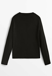 Black long-sleeve sweater with a round neckline, ribbed cuffs, and hem. Smooth texture and a simple, minimalist design. Back view.