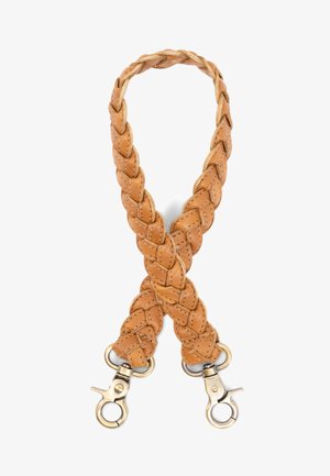 Braided tan leather strap with two metal snap hooks at the ends and visible stitching details, featuring a smooth texture and durable design.