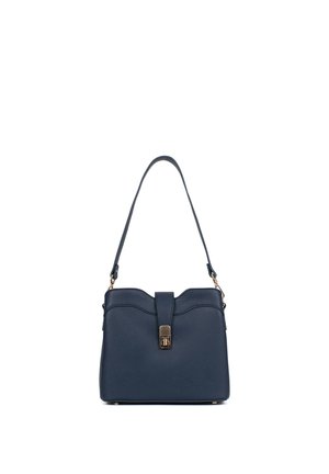 Sac à main en cuir bleu marine avec une anse supérieure unique et un fermoir à tourniquet doré au centre avant.