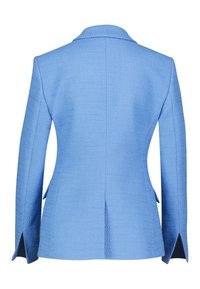 Helleblaue, strukturierte Blazerjacke mit taillierter Form, Reverskragen und seitlichen Schlitzen. Verfügt über einen gewebten Stoff für zusätzliche Textur und Detail.