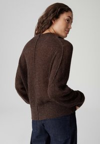 Brauner Strickpullover mit rundem Ausschnitt, überschnittenen Schultern und strukturierter Oberfläche, mit einer vertikalen Nahtdetail auf der Rückseite.