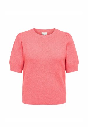 Koraļkrāsas rozā īss piedurkņu adīts džemperis ar apaļu kakla izgriezumu un vieglu pūkaina piedurkņu detaļu, mīksta teksturēta auduma.