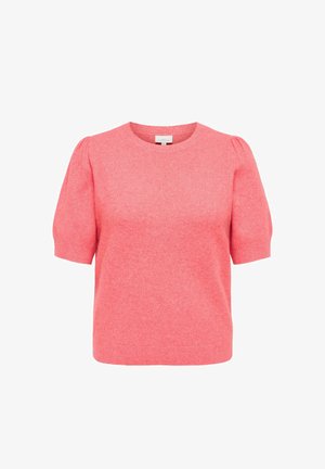 Koraļkrāsas rozā īss piedurkņu adīts džemperis ar apaļu kakla izgriezumu un vieglu pūkaina piedurkņu detaļu, mīksta teksturēta auduma.