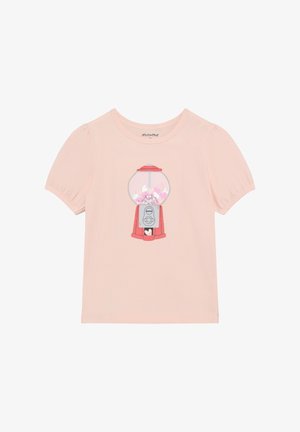 T-shirt rose clair à manches courtes avec une illustration d'une machine à boules de gomme remplie de cœurs colorés. Matière en coton douce et respirante.