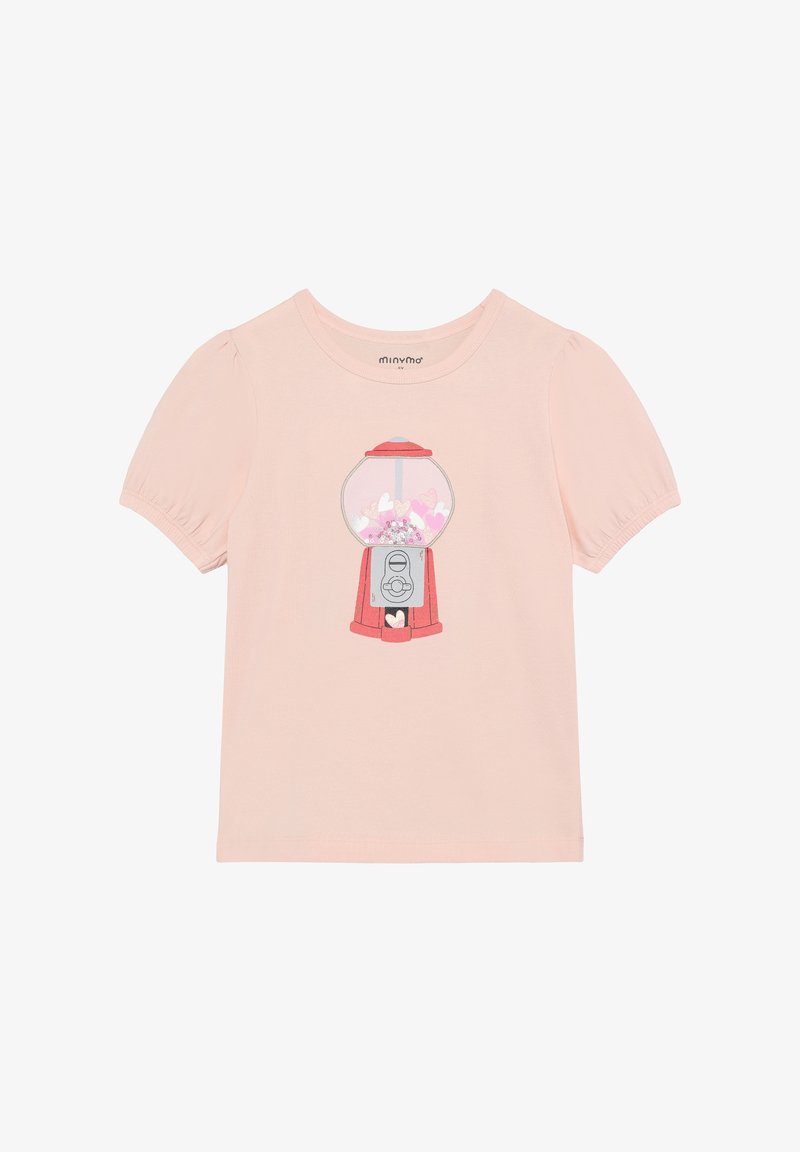 T-shirt rose clair à manches courtes avec une illustration d'une machine à boules de gomme remplie de cœurs colorés. Matière en coton douce et respirante.