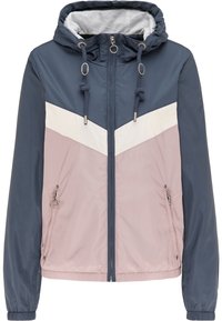 Giacca color block con un design blu navy, rosa chiaro e crema. Realizzata in materiale liscio con cappuccio regolabile e tasche con zip.