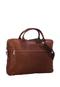 Borsa per laptop in pelle marrone con tasca frontale con zip, doppio manico per il trasporto e una cinghia regolabile. Texture liscia con design minimalista.
