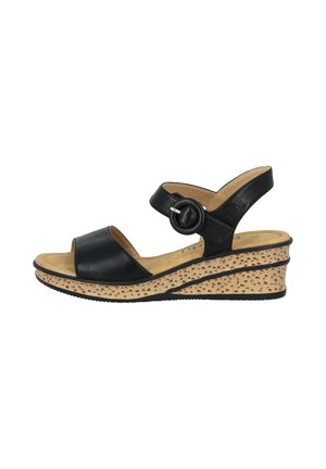 Black leather wedge sandals with an open toe, ankle strap, and a textured cork platform. Features a round buckle accent.