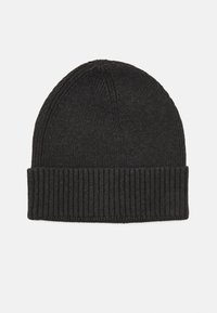 Schwarze Strickmütze mit geripptem Bund und glattem Oberteil, ausgestattet mit einer engen Textur und einem runden Kronendesign.