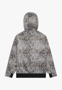 Hooded jacket with a snake print pattern in neutral tones, featuring long sleeves, a lined interior, and a black elastic waistband.