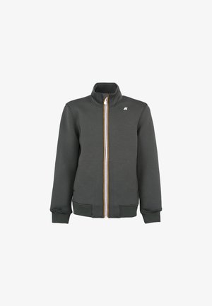 Giacca zip-up grigia scura con alto colletto, polsini e orlo a coste, zip arancione e gialla a contrasto e un piccolo logo sul lato sinistro del petto.