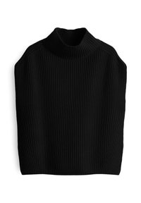 Pull en laine noir à col roulé avec un motif en côtes verticales, une coupe oversize et un col haut. Le tissu semble doux et texturé.