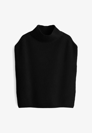 Pull en laine noir à col roulé avec un motif en côtes verticales, une coupe oversize et un col haut. Le tissu semble doux et texturé.