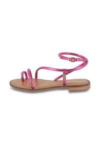Pink metallic flat sandals with two thin straps and an ankle strap. Leather insole and wooden outsole, featuring a minimalist design.