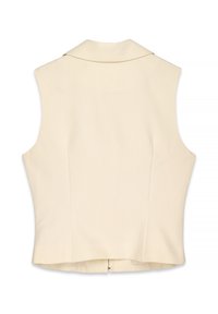 Sleeveless light beige vest with a structured design, pointed collar, and a back zip closure. Smooth texture and tailored fit details.