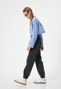 Blue striped cropped shirt with wide sleeves; paired with dark, tapered jogger pants and white sneakers. Simple, casual design.