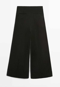 Pantalon noir à jambes larges, taille haute et deux poches passepoilées à l'arrière, présenté à plat sur fond blanc.