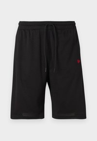 Black mesh shorts with an elastic waistband, adjustable drawstring, and a small red logo on the left side. Lightweight and breathable fabric.