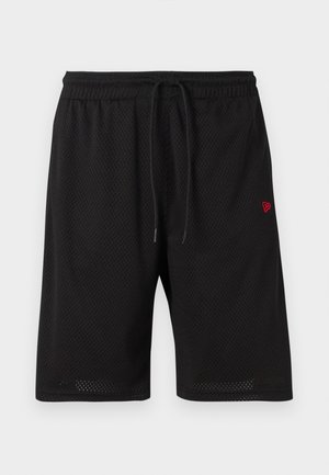 Black mesh shorts with an elastic waistband, adjustable drawstring, and a small red logo on the left side. Lightweight and breathable fabric.