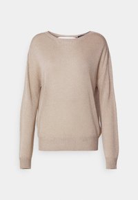 Pull léger beige en tricot doux avec une coupe légèrement décontractée. Il possède un col rond, des poignets et un bas côtelés, ainsi qu'une texture chatoyante.