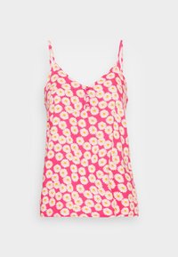 Camiseta de tirantes rosa con margaritas blancas y centros amarillos, que presenta tirantes ajustables y un detalle de botones en la parte frontal. Material de algodón.