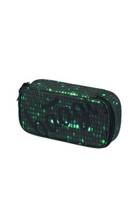 Astuccio nero con un motivo binario digitale verde. Ha una superficie liscia, bordi arrotondati e una chiusura con zip.