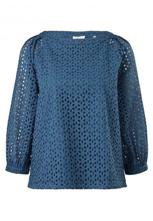 Blusa blu, strutturata con un motivo simile a pizzo, scollatura rotonda e lunghe maniche a sbuffo, con polsini arricciati.